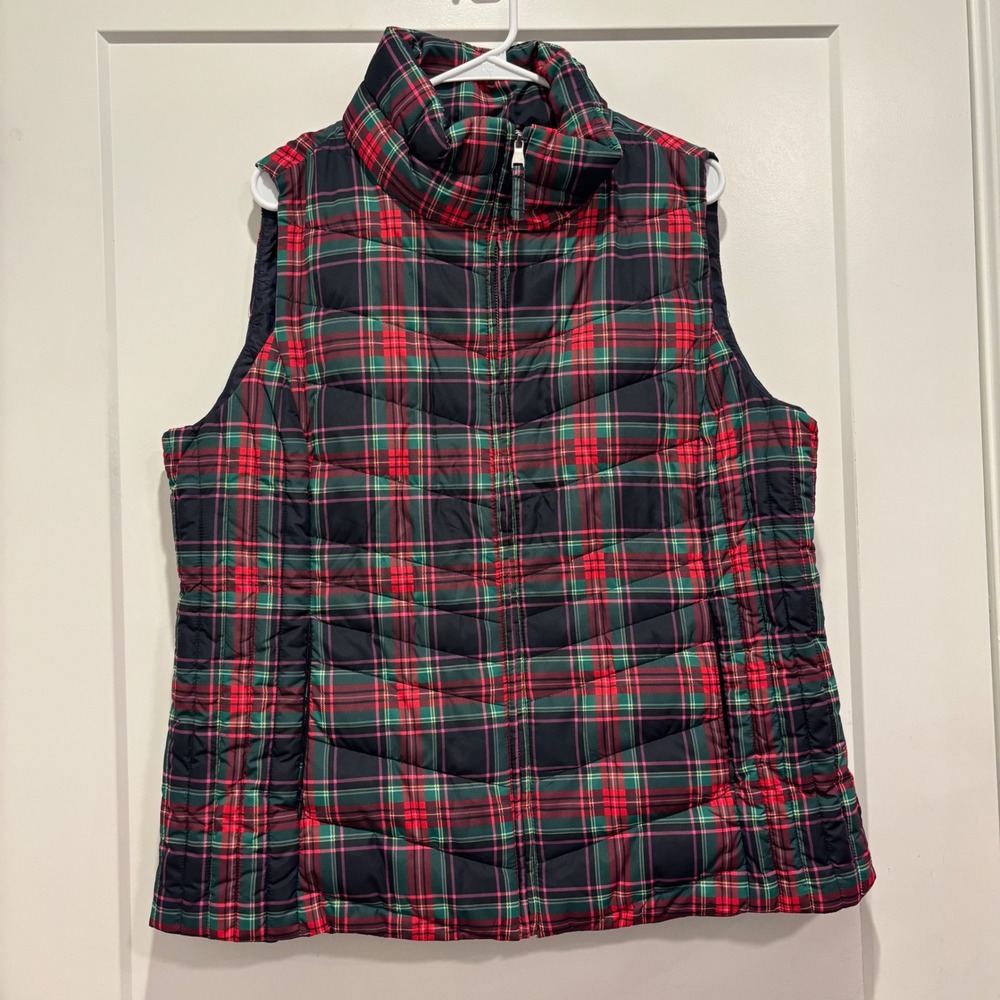 Talbots Plus Red Green Plaid Puffer Vest Womens 1X Full Zip Quilted Sleeveless